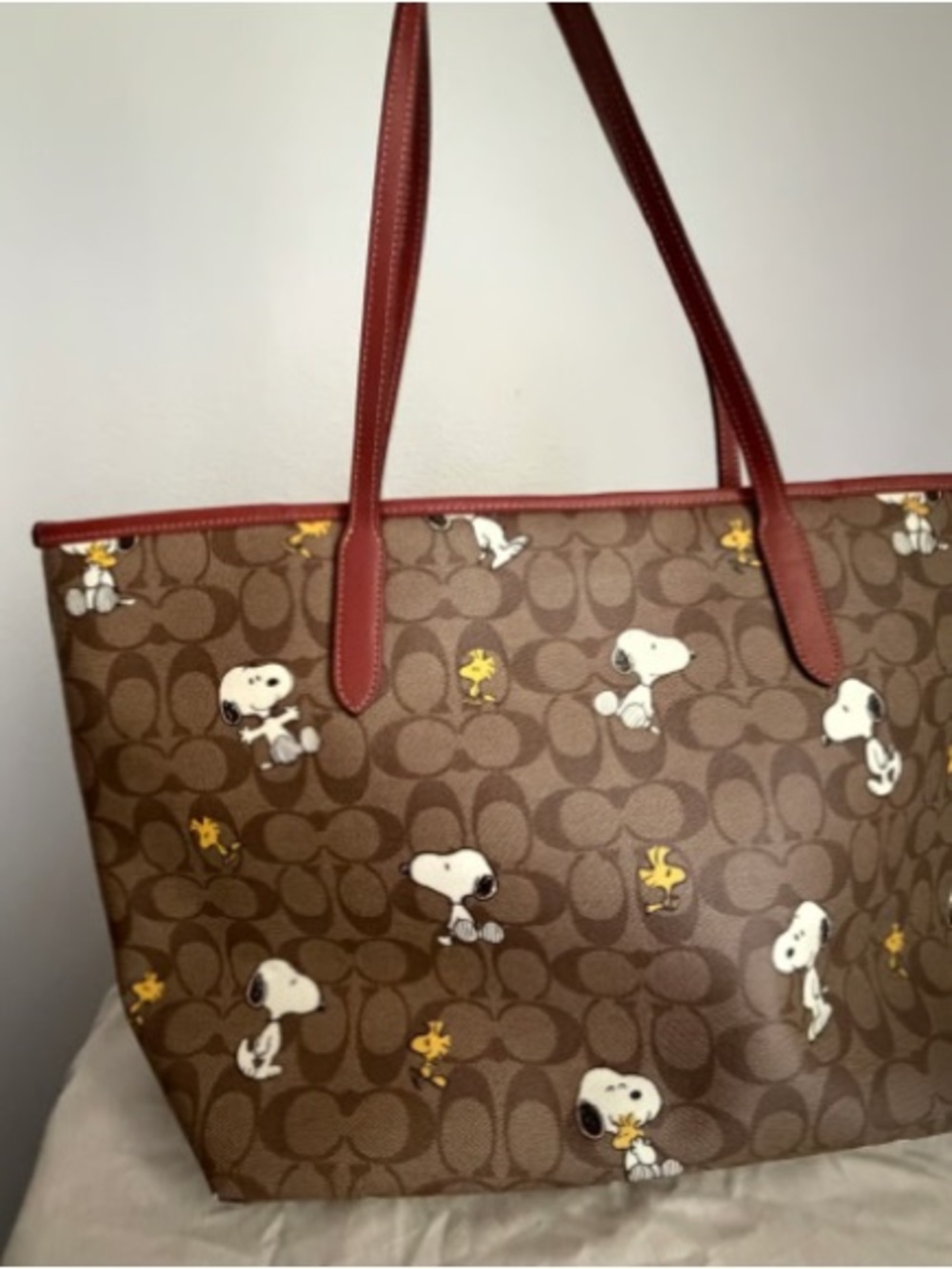 Coach Brown Signature Snoopy & Woodstock Canvas Tote with Red Trim